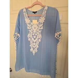 Swim Cover light blue chiffon with white lace and trim detail